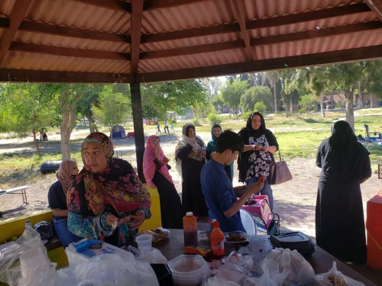 Women and children sharing a meal under a park shelter